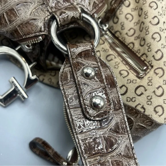 Vintage Guess  Beige & Brown Logo Hobo with Croc-Embossed Trim - Picture 9 of 16